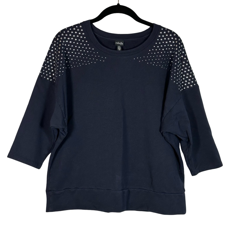 Rafaella Navy Blue Pullover Metal Stud 3/4 Sleeve Sweatshirt Tunic Petite Large